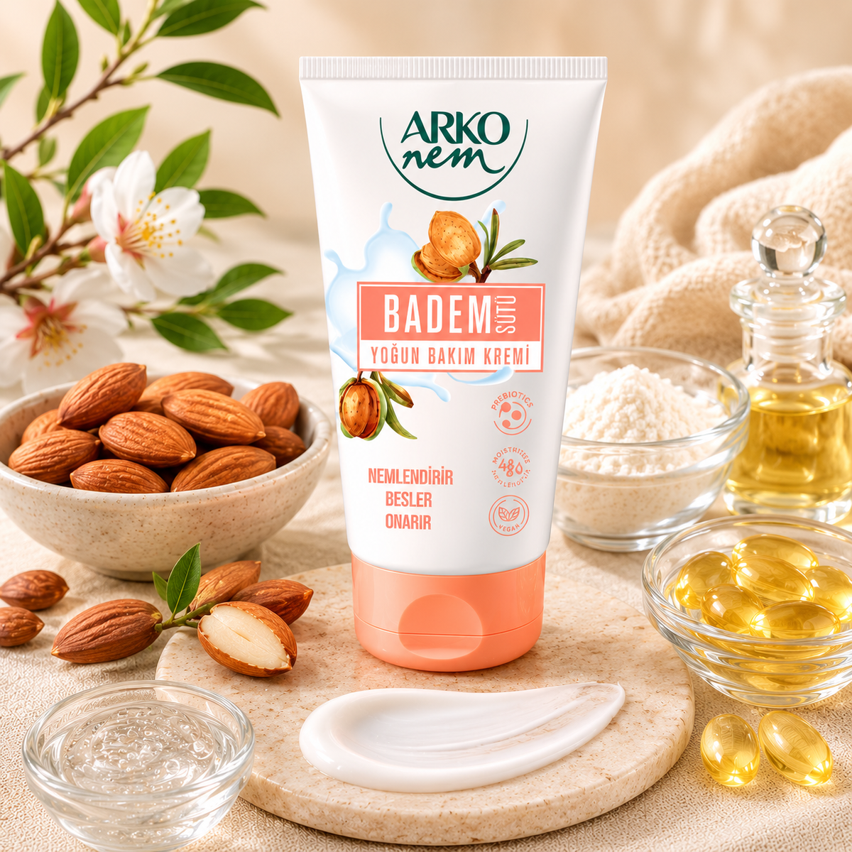 Arko Nem Prebiotic Almond Milk Moisturizing Hand & Body Cream - 60 ml