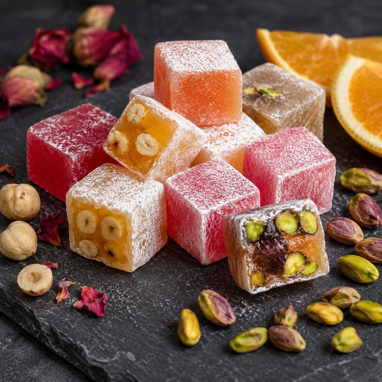 Assorted Turkish Delight Lokum - Pistachio, Rose, Lemon & Orange - 1kg