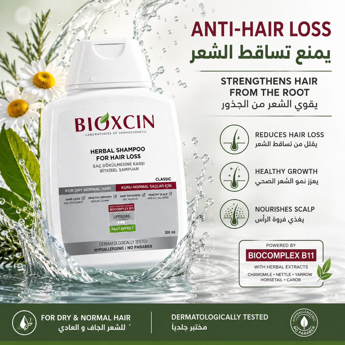 Bioxcin Classic Anti-Hair Loss Shampoo for Dry & Normal Hair - 3 x 300 ml - Buy 2 Get 1 Free