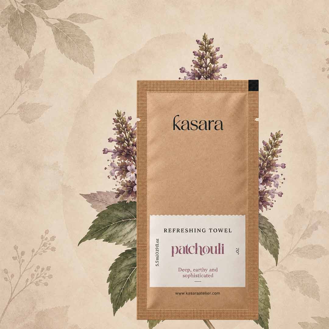 مناديل كسارا الباتشولي  Kasara Patchouli المنعشة بكحول 70% - 5.5 مل، 19 × 17 سم