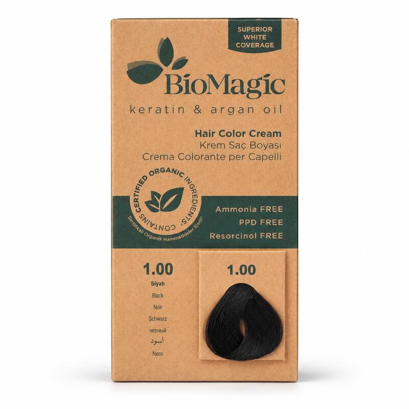 BioMagic Permanent Hair Color Cream – Natural Black 1.00, Ammonia-Free