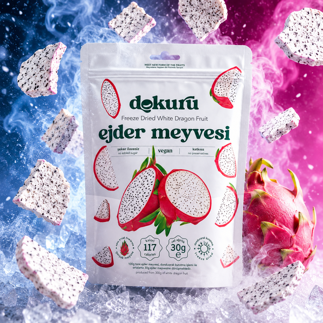 Dokuru Freeze-Dried White Dragon Fruit Chips, No Added Sugar, 30g - Made in Turkey