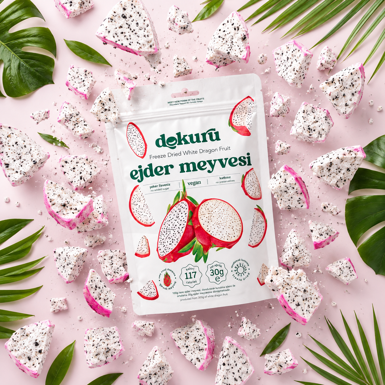Dokuru Freeze-Dried White Dragon Fruit Chips, No Added Sugar, 30g - Made in Turkey