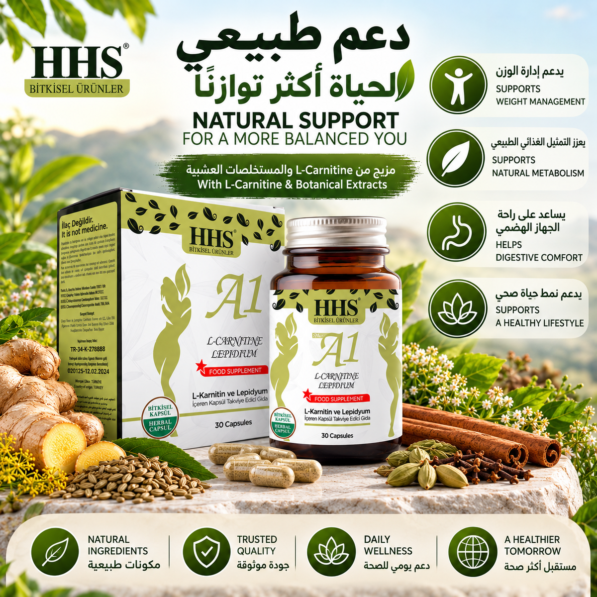 HHS A1 مكمل غذائي مع إل-كارنيتين ومستخلصات نباتية - 30 حصة