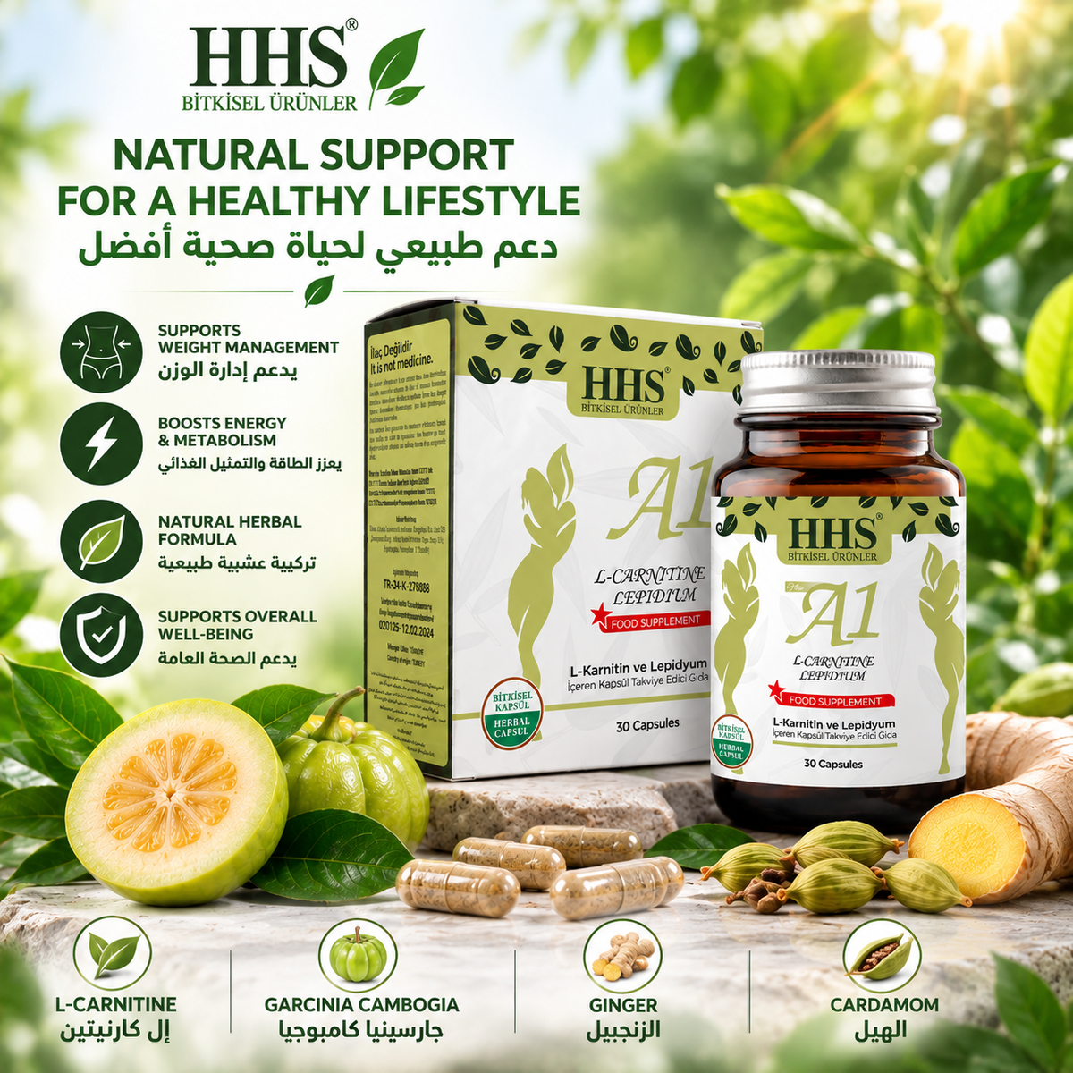 HHS A1 Herbal Formula with L-Carnitine & Garcinia Cambogia - 30 Count