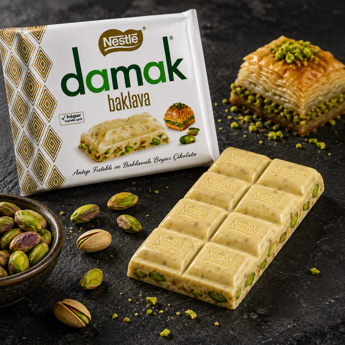 Nestlé Damak White Chocolate with Pistachio & Baklava - 60 g × 6 Pack