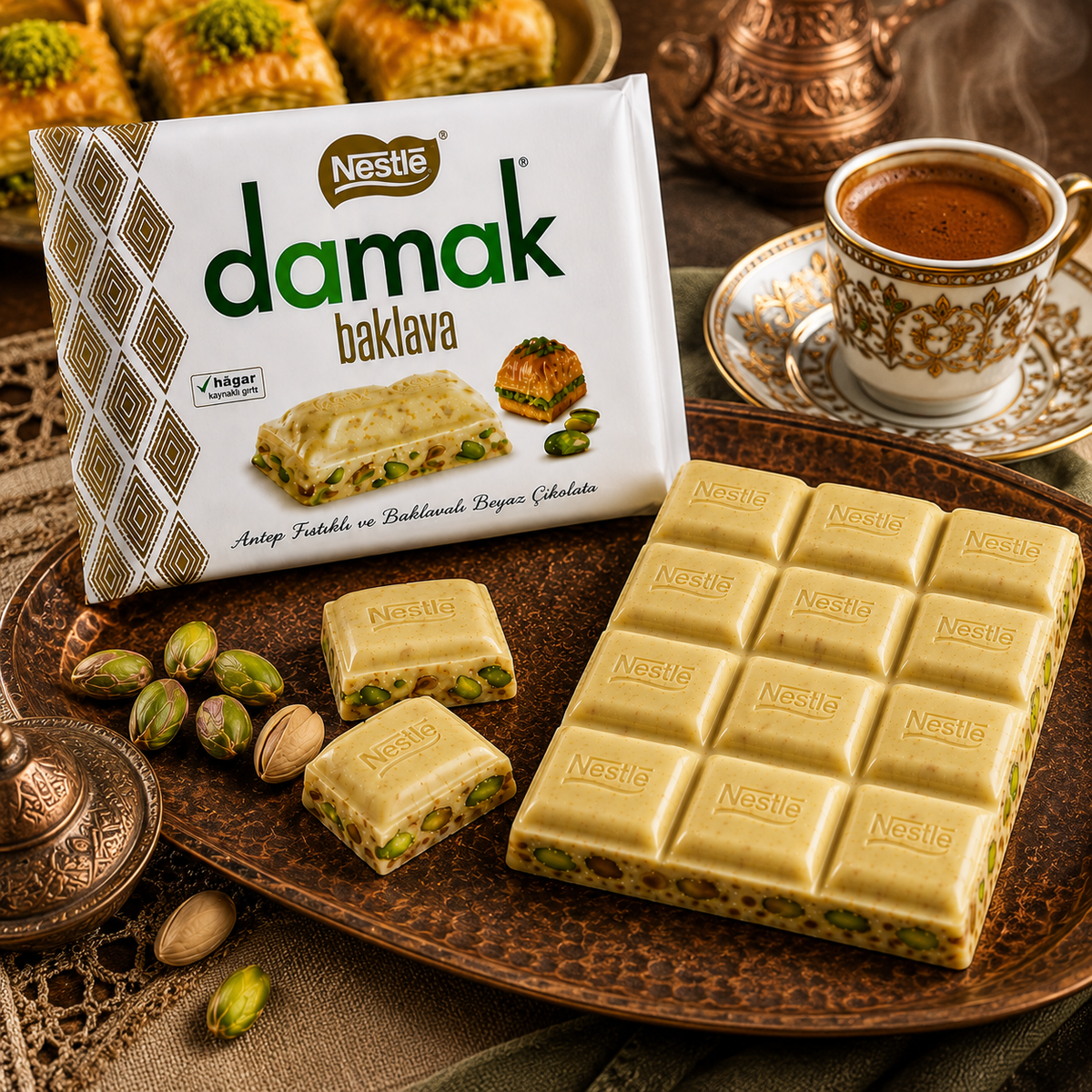 Nestlé Damak White Chocolate with Pistachio & Baklava - 60 g × 6 Pack