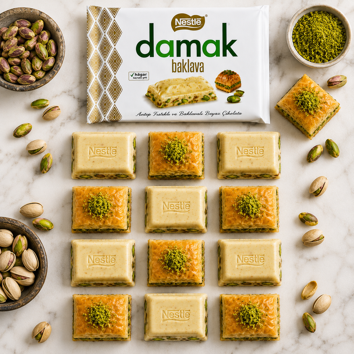 Nestlé Damak White Chocolate with Pistachio & Baklava - 60 g × 6 Pack