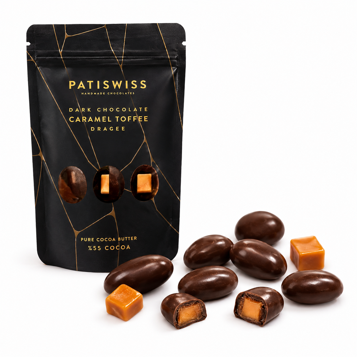 Patiswiss Dark Chocolate Covered Caramel Toffee Dragees - 80g
