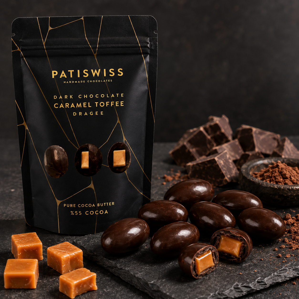 Patiswiss Dark Chocolate Covered Caramel Toffee Dragees - 80g