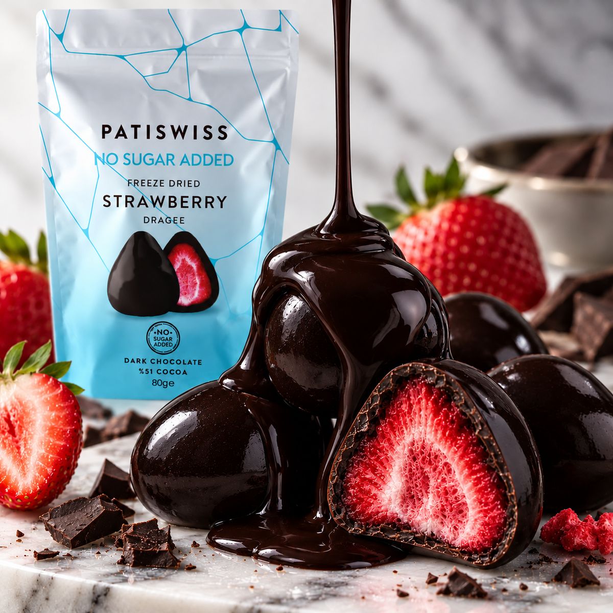 Patiswiss No Added Sugar Dark Chocolate Strawberry Dragees - 80g
