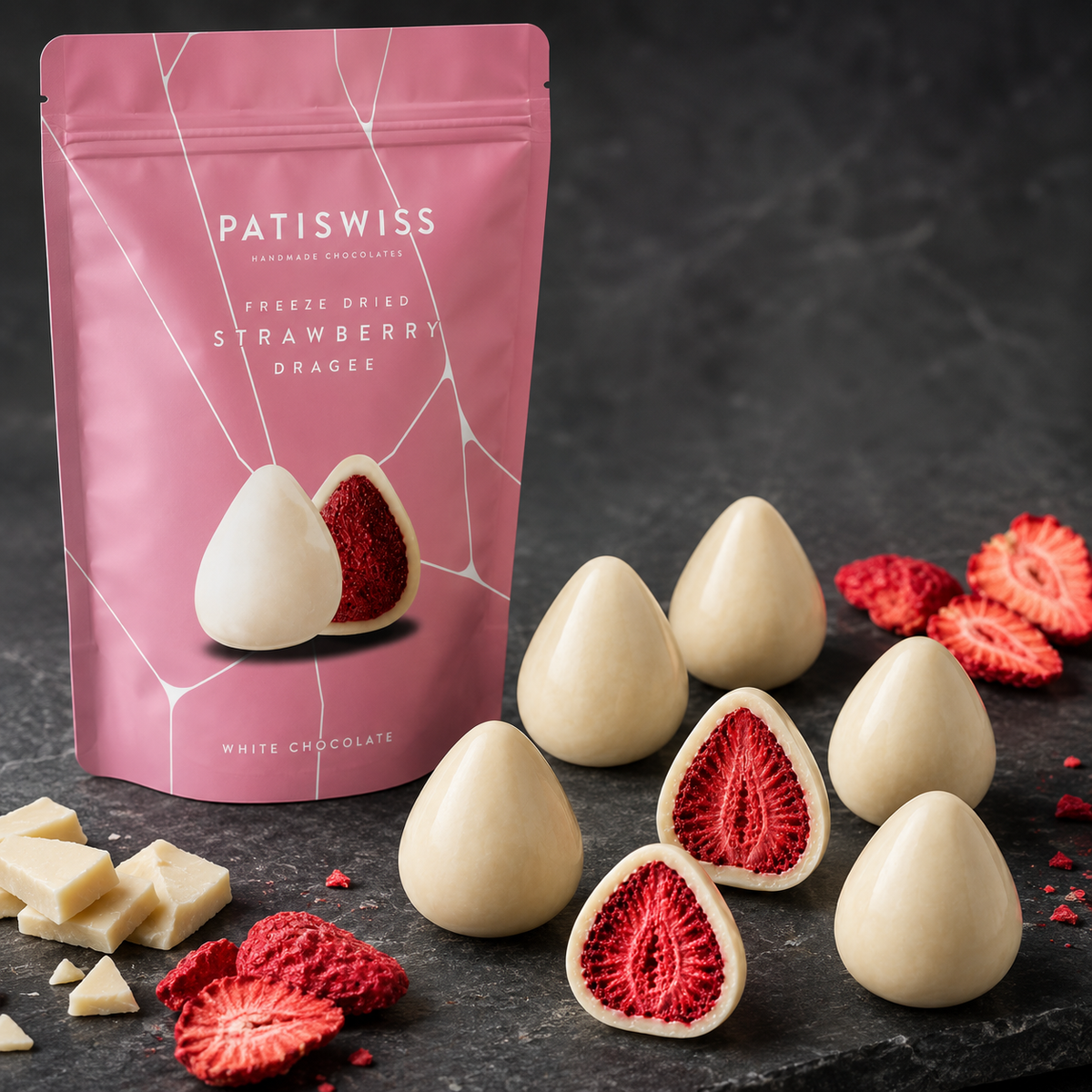 Patiswiss White Chocolate Coated Freeze-Dried Strawberry Dragee - 80g