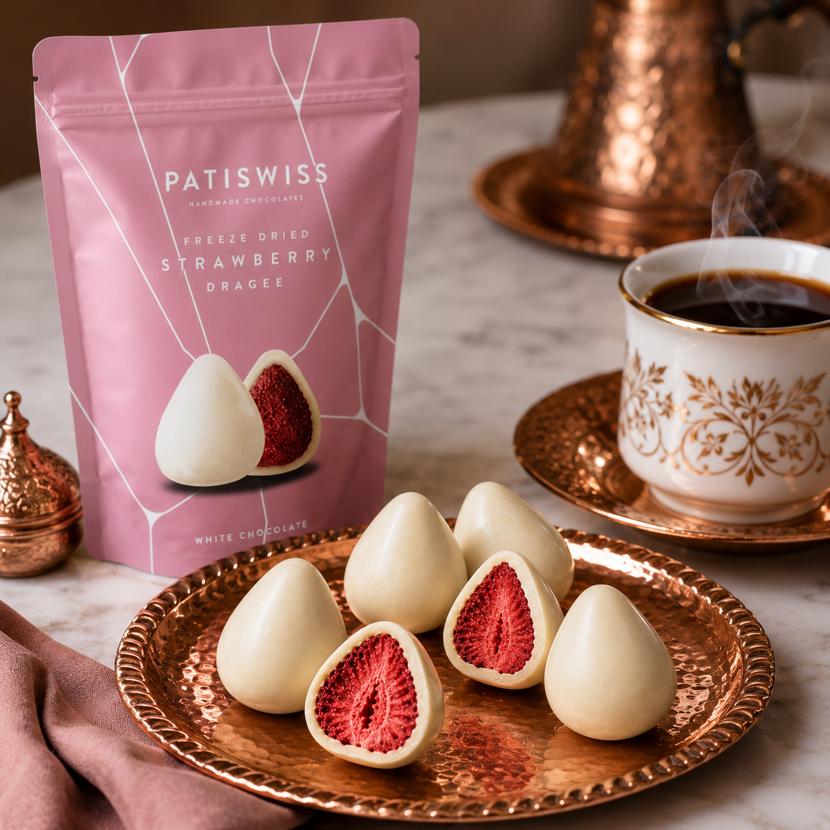 Patiswiss White Chocolate Coated Freeze-Dried Strawberry Dragee - 80g