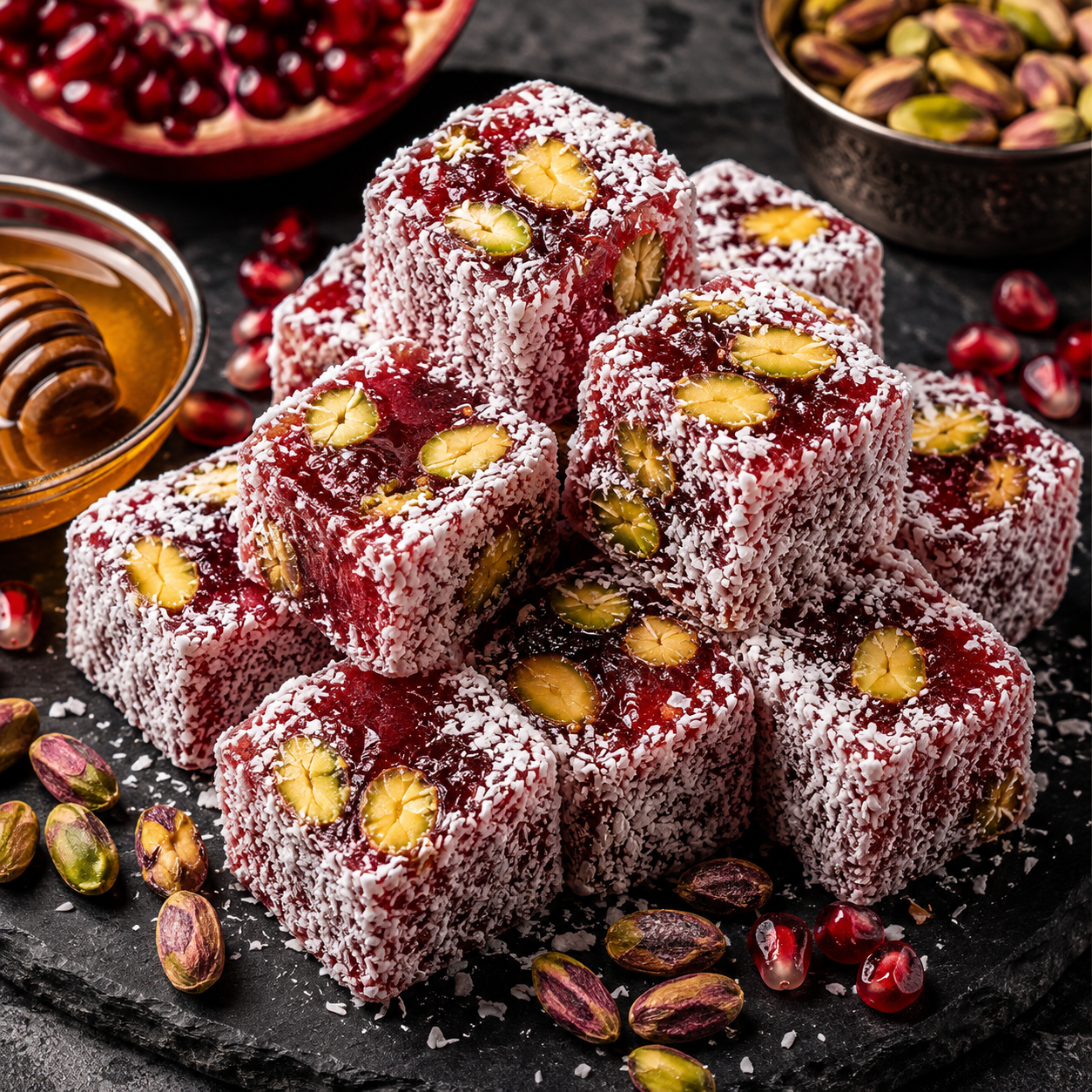 Pomegranate Pistachio Rolled Turkish Delight with Honey - 1kg