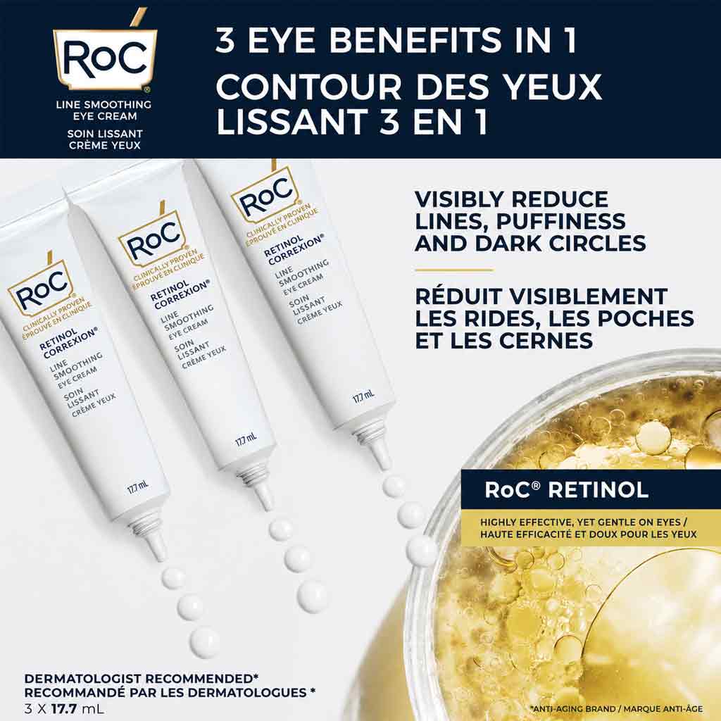 مجموعة RoC Retinol Correxion لتنعيم محيط العين – عناية بالعين للخطوط الدقيقة والانتفاخ والهالات