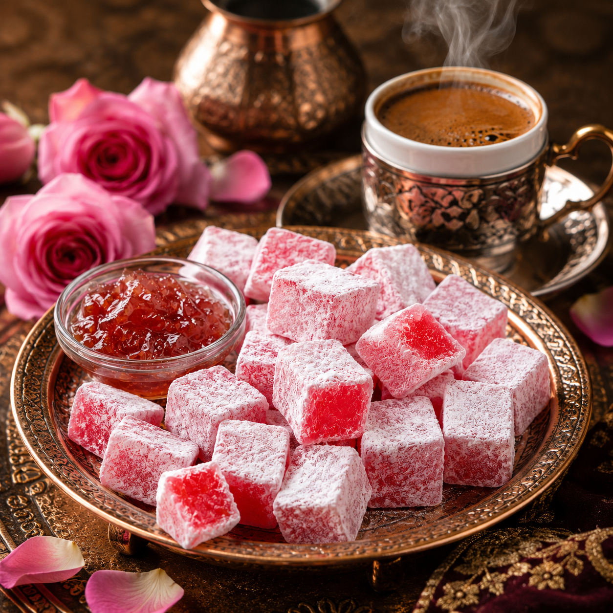 راحة الحلقوم التركية ببتلات الورد - حلوى بنكهة الورد - 1 كجم