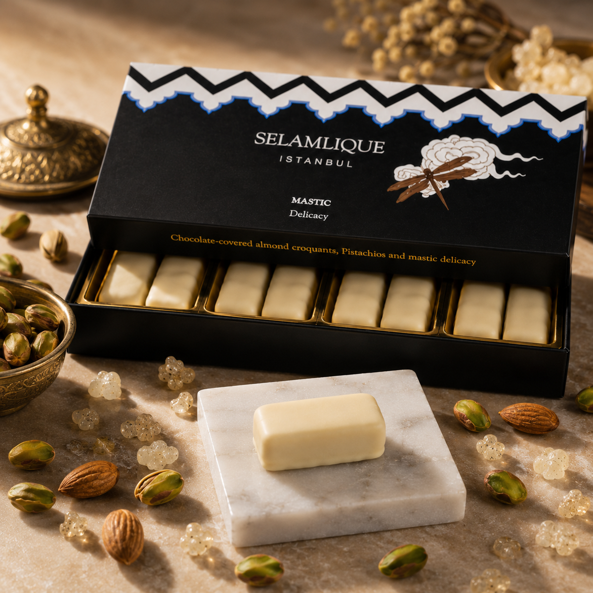 Selamlique Mastic Turkish Delight with Chocolate-Covered Almond Croquants & Pistachio – 170g