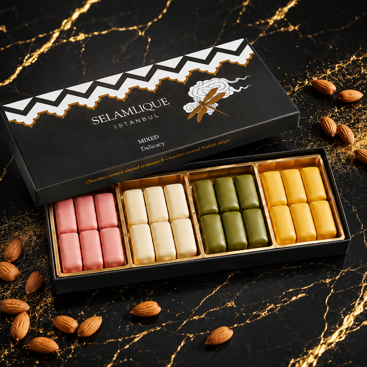Selamlique Mixed Turkish Delight Assortment with Chocolate Almond Croquants, Rose, Mastic & Pistachio – 170g
