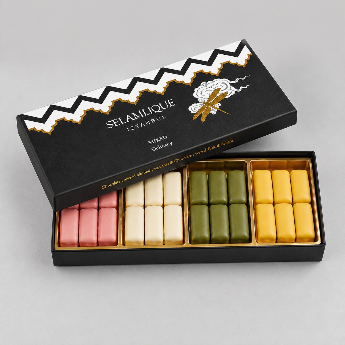 Selamlique Mixed Turkish Delight Assortment with Chocolate Almond Croquants, Rose, Mastic & Pistachio – 170g