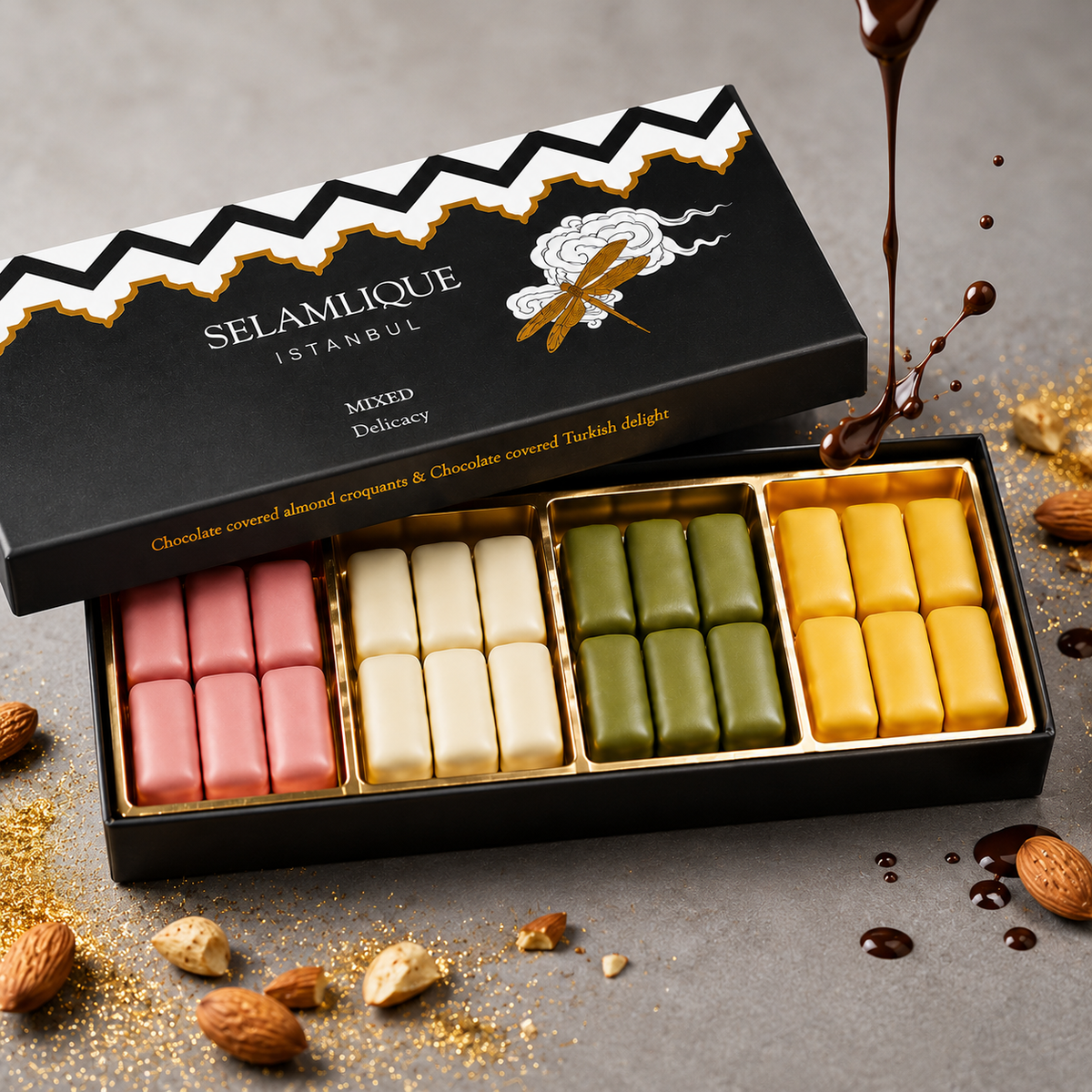 Selamlique Mixed Turkish Delight Assortment with Chocolate Almond Croquants, Rose, Mastic & Pistachio – 170g