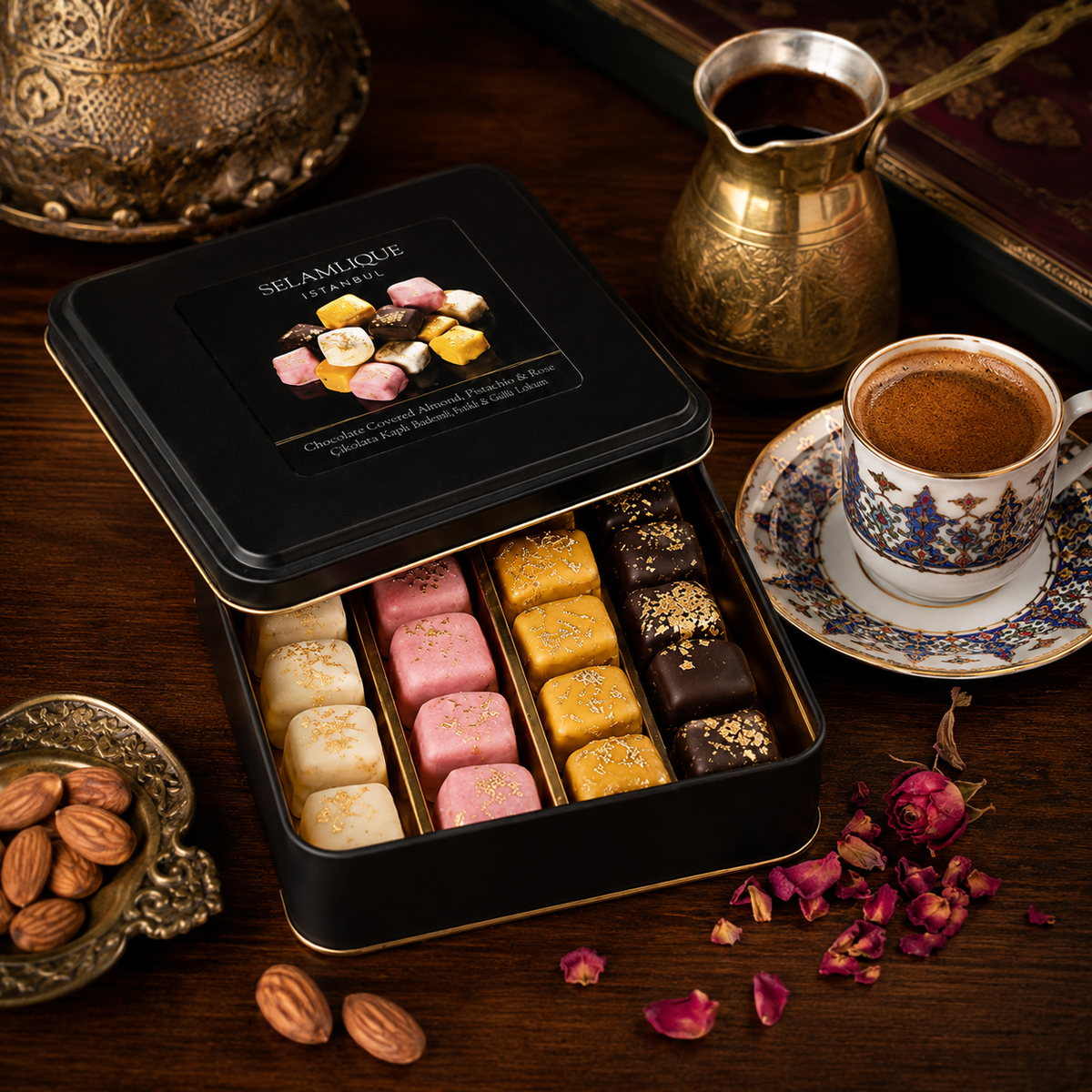 Selamlique Mixed Turkish Delight Assortment with Chocolate Almond, Rose & Pistachio - 220g