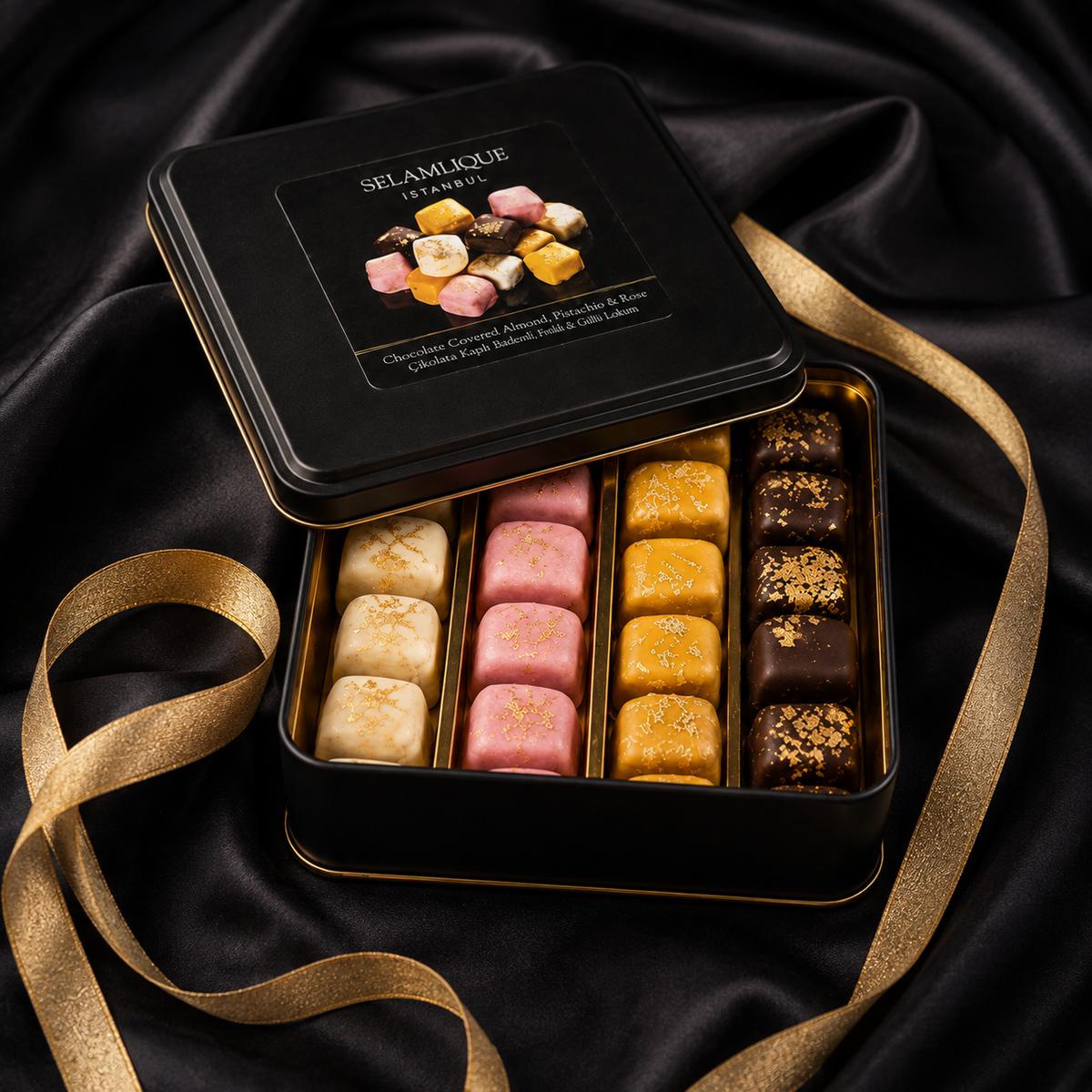 Selamlique Mixed Turkish Delight Assortment with Chocolate Almond, Rose & Pistachio - 220g