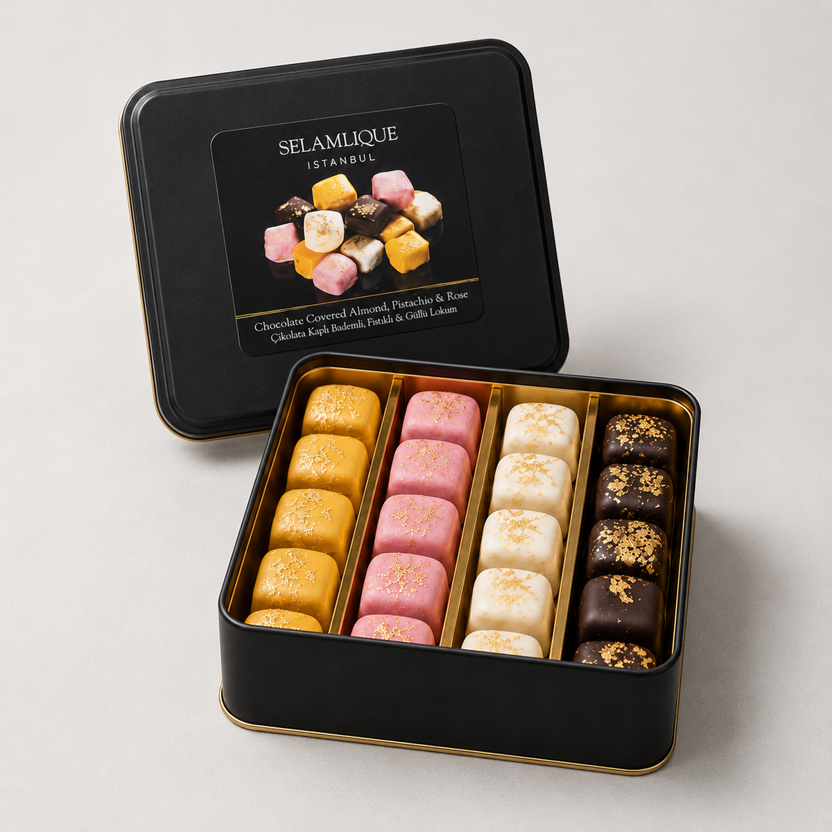 Selamlique Mixed Turkish Delight Assortment with Chocolate Almond, Rose & Pistachio - 220g