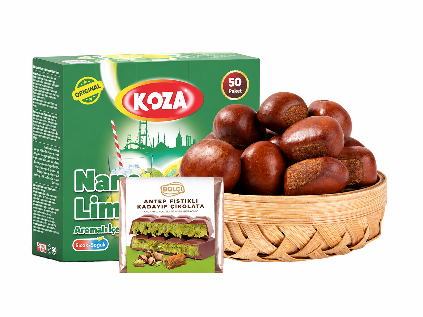 Turkish Chestnuts, Dubai-Style Pistachio Qatayef Chocolate 100g & KOZA Mint Lemon Drink Bundle