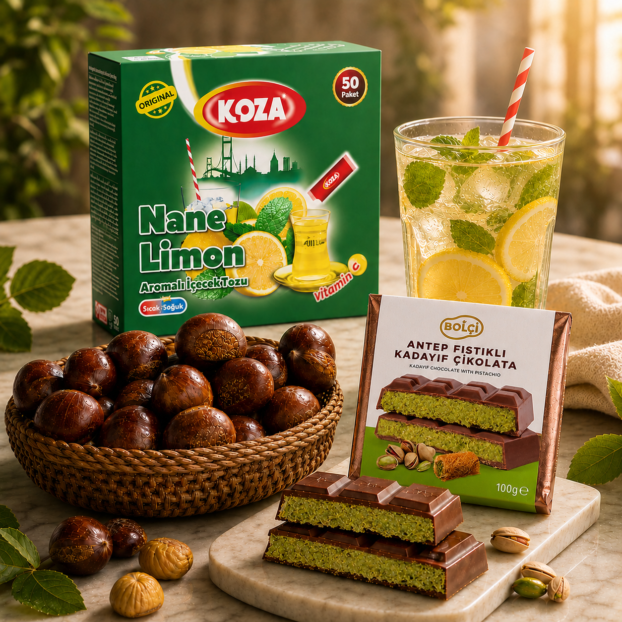 Turkish Chestnuts, Dubai-Style Pistachio Qatayef Chocolate 100g & KOZA Mint Lemon Drink Bundle