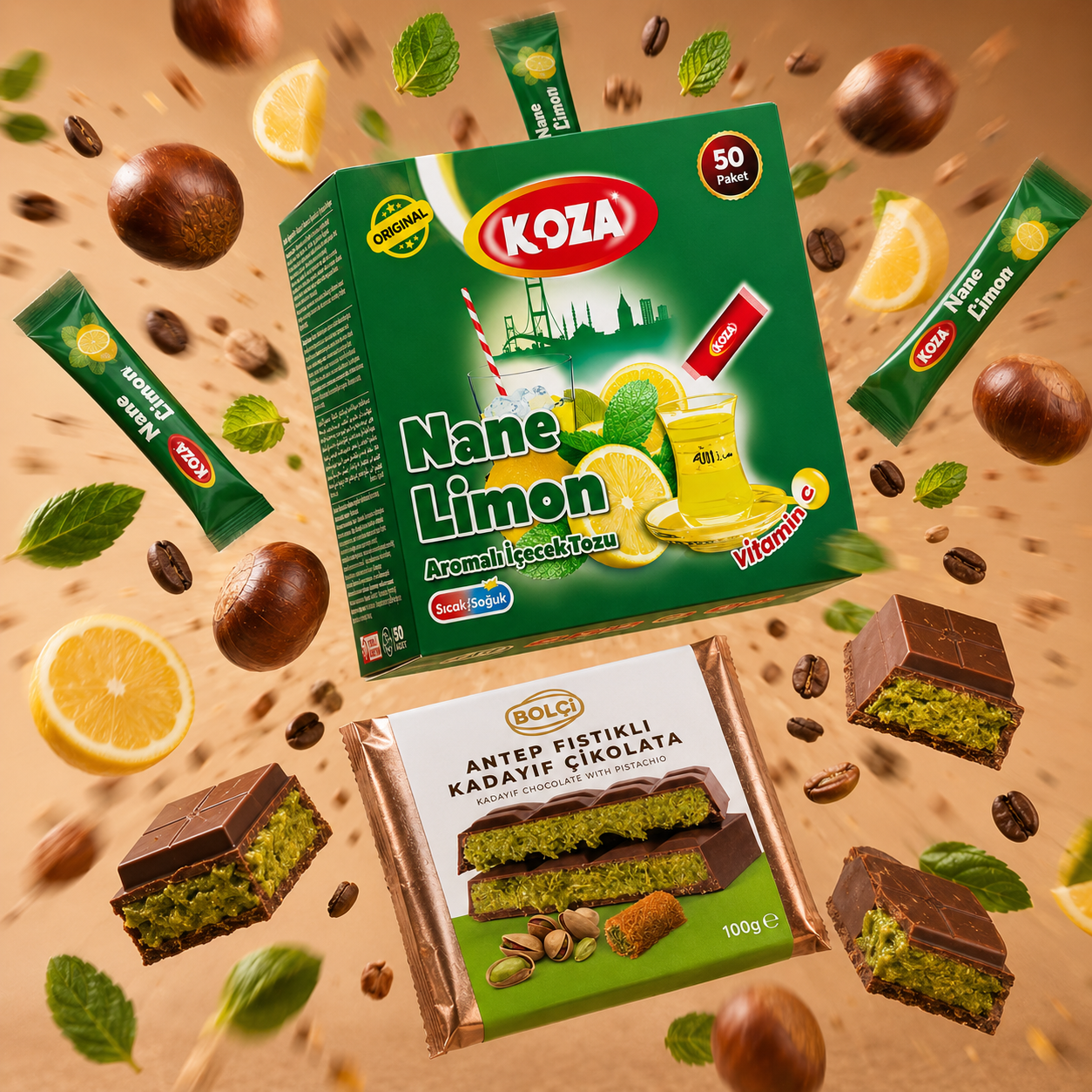 Turkish Chestnuts, Dubai-Style Pistachio Qatayef Chocolate 100g & KOZA Mint Lemon Drink Bundle