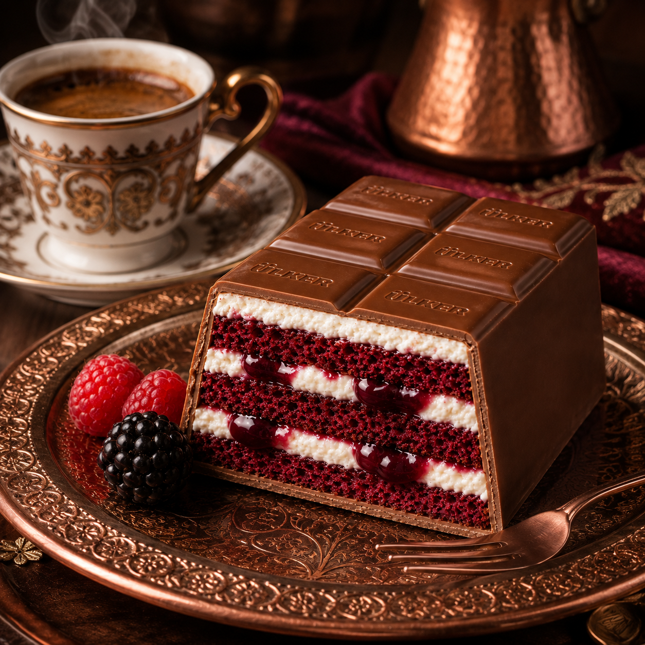 Ülker Chocolate Velvet Cake with Milk Cream & Berry Sauce - 395 g, Serves 6