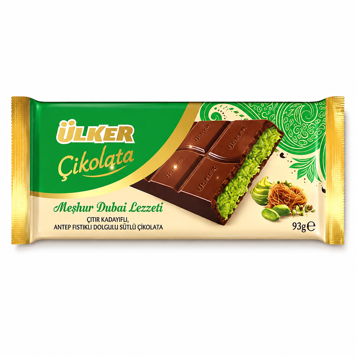 Ülker Dubai-Style Milk Chocolate with Antep Pistachio & Crispy Kunafa 93g