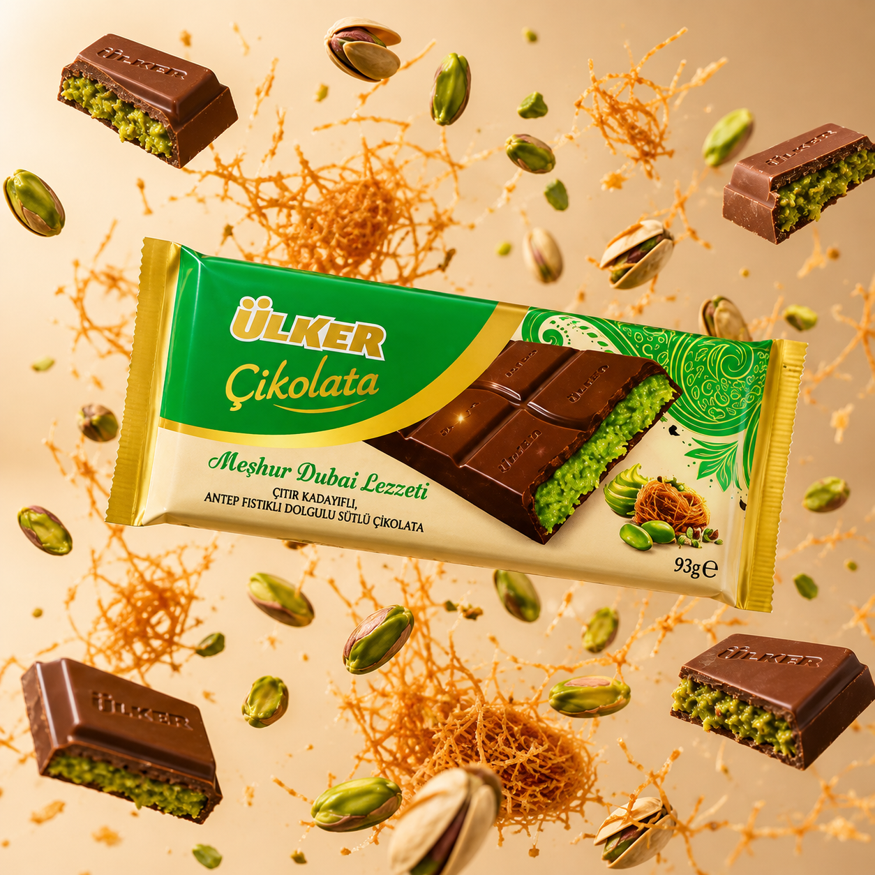 Ülker Dubai-Style Milk Chocolate with Antep Pistachio & Crispy Kunafa 93g