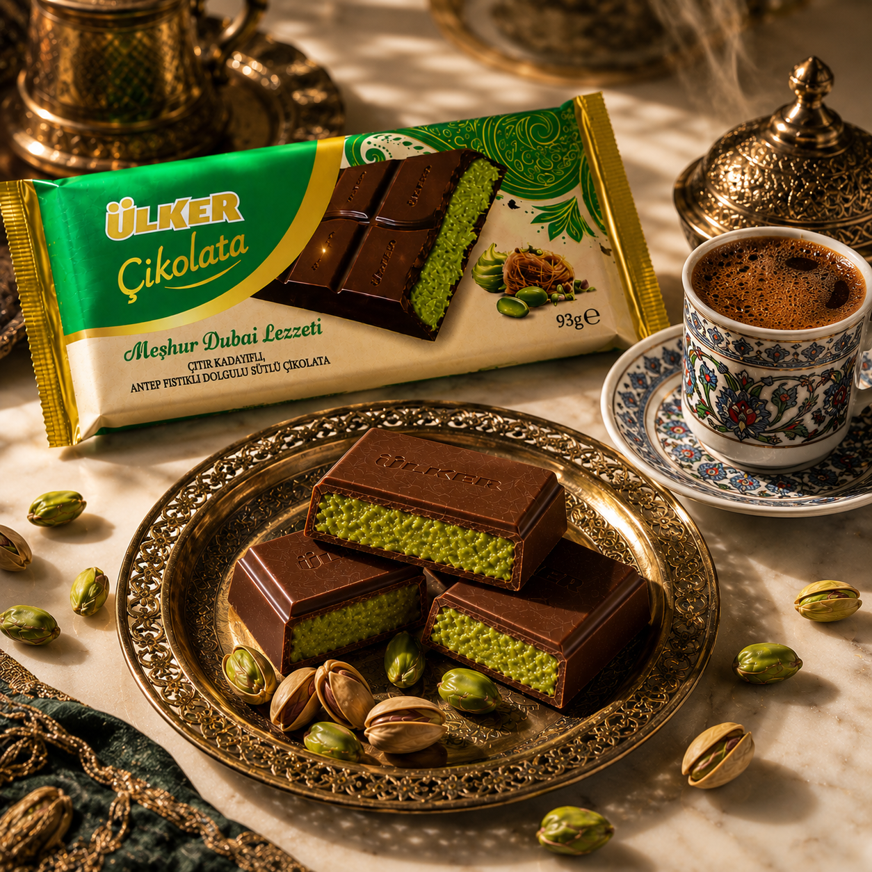 Ülker Dubai-Style Milk Chocolate with Antep Pistachio & Crispy Kunafa 93g