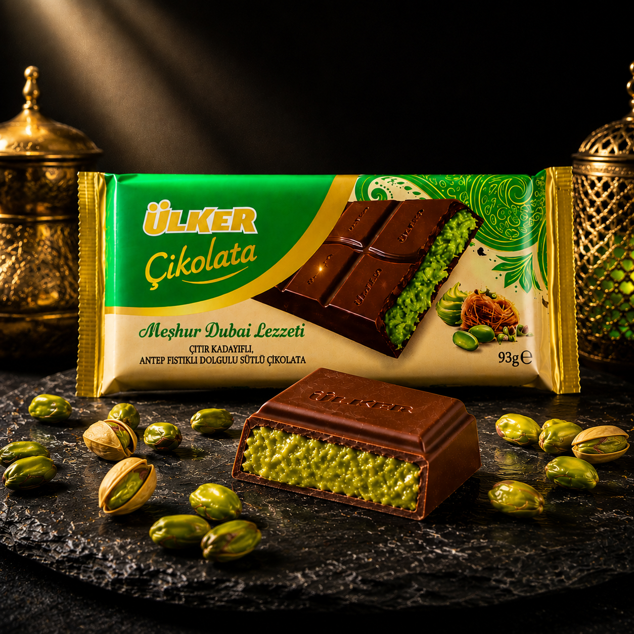 Ülker Dubai-Style Milk Chocolate with Antep Pistachio & Crispy Kunafa 93g