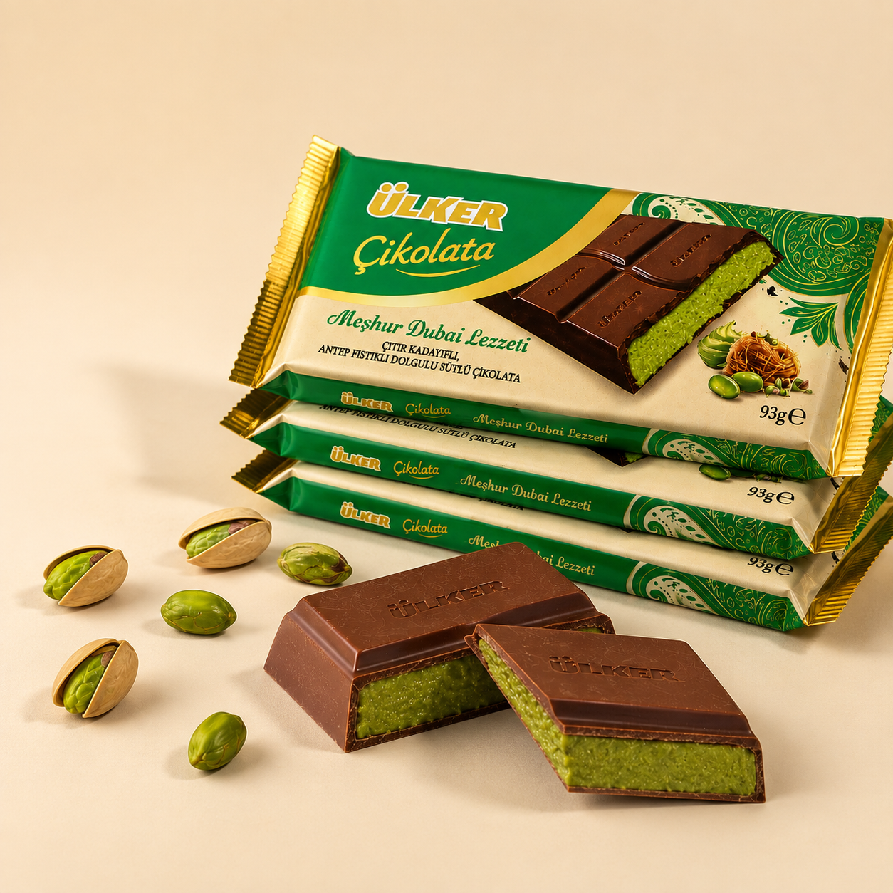 Ülker Dubai-Style Milk Chocolate with Antep Pistachio & Crispy Kunafa 93g
